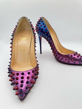 Christian Louboutin Pigalle Spikes 100 Blue Purple Ombre Patent Pumps 37.5